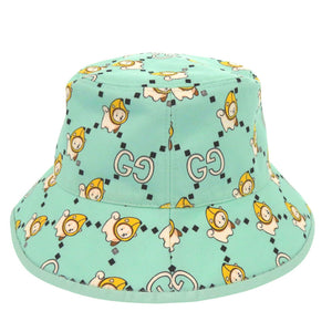 新品同様 グッチ Kawaii printed バケットハット 736960 4HAX3 柴犬 バナナ XSサイズ コットン レザー ミントグリーン 帽子 0849【中古】GUCCI