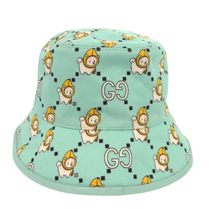 新品同様 グッチ Kawaii printed バケットハット 736960 4HAX3 柴犬 バナナ XSサイズ コットン レザー ミントグリーン 帽子 0849【中古】GUCCI