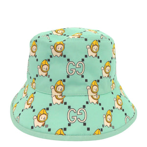 新品同様 グッチ Kawaii printed バケットハット 736960 4HAX3 柴犬 バナナ XSサイズ コットン レザー ミントグリーン 帽子 0849【中古】GUCCI