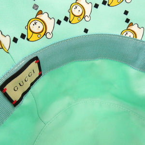 新品同様 グッチ Kawaii printed バケットハット 736960 4HAX3 柴犬 バナナ XSサイズ コットン レザー ミントグリーン 帽子 0849【中古】GUCCI