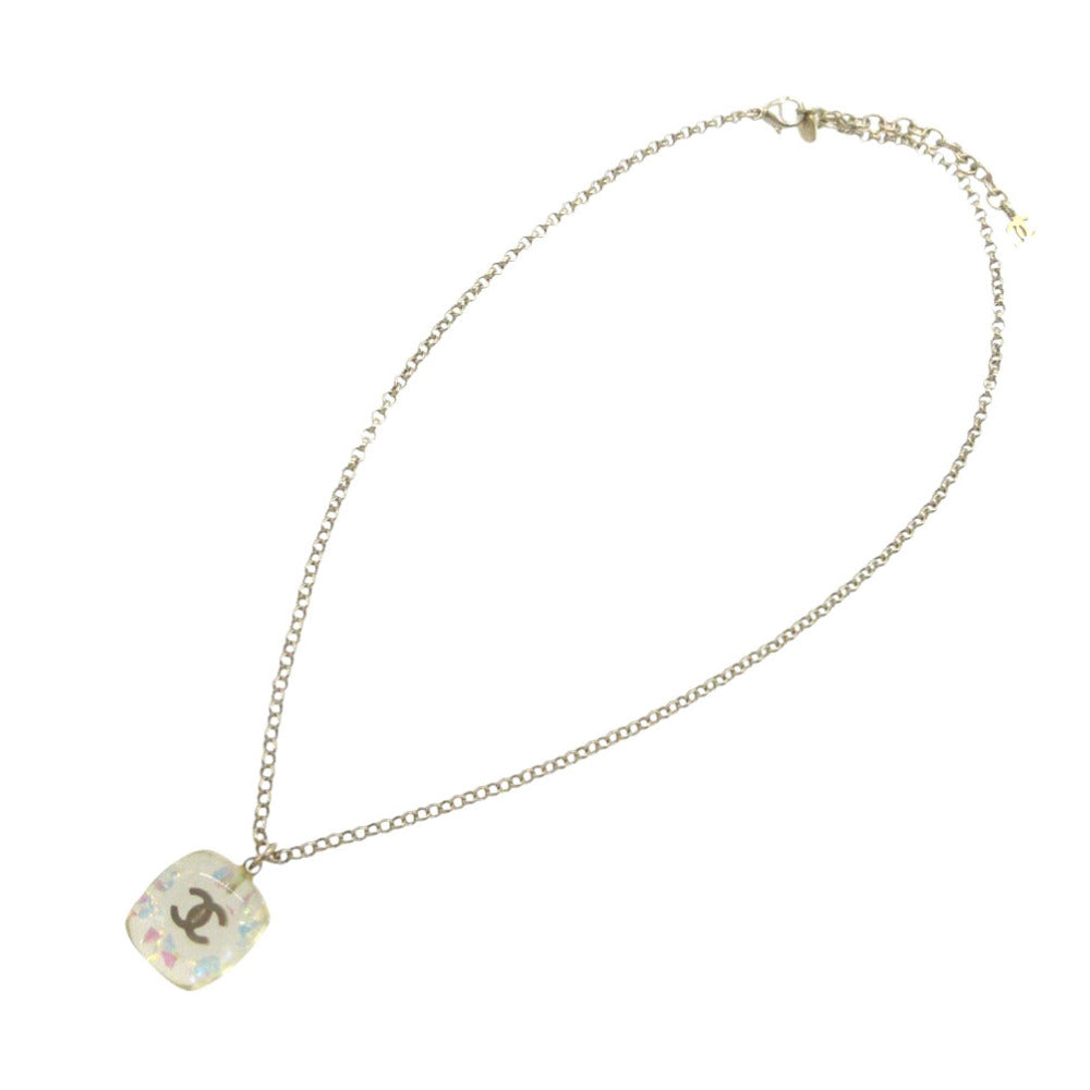 美品 シャネル ココマーク ヴィンテージ ラメ スクエア ネックレス レジン/メタル クリア 0882【中古】CHANEL