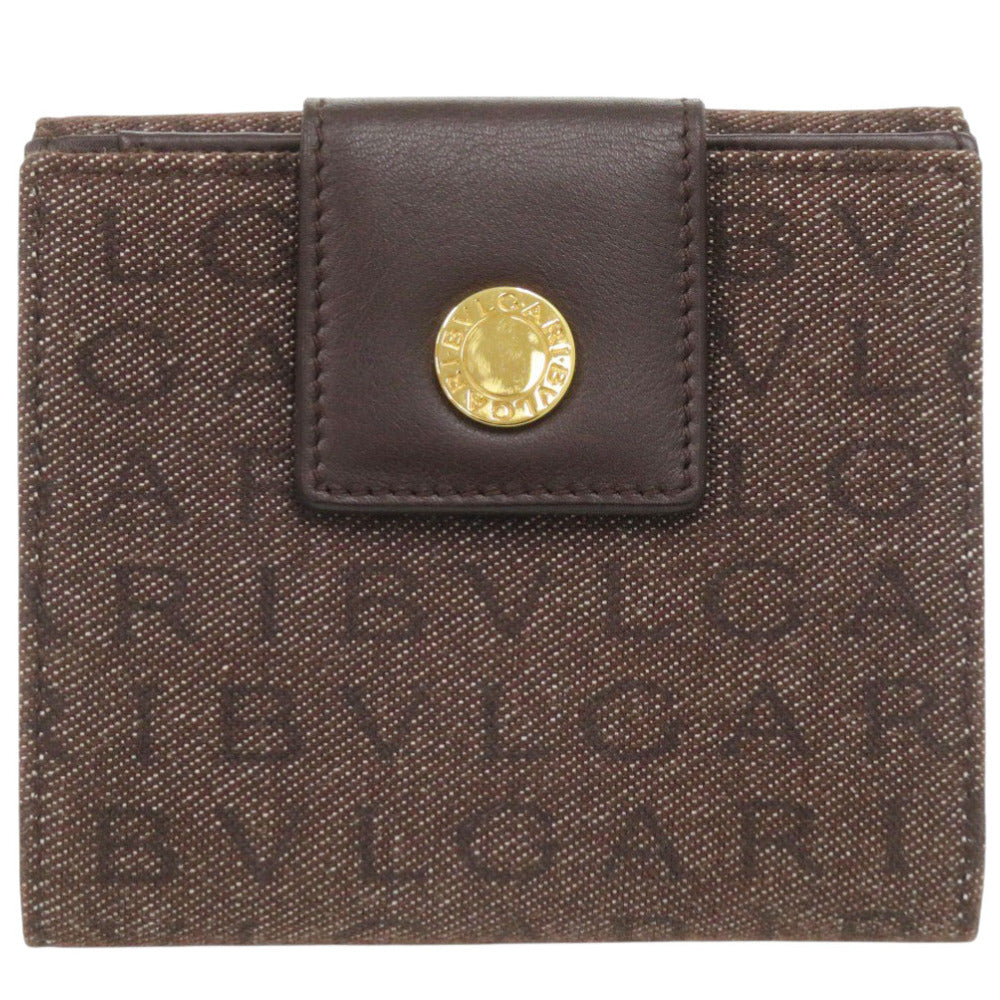 新品同様 ブルガリ ロゴマニア デニム/レザー ブラウン 二つ折り財布 茶 0915【中古】BVLGARI