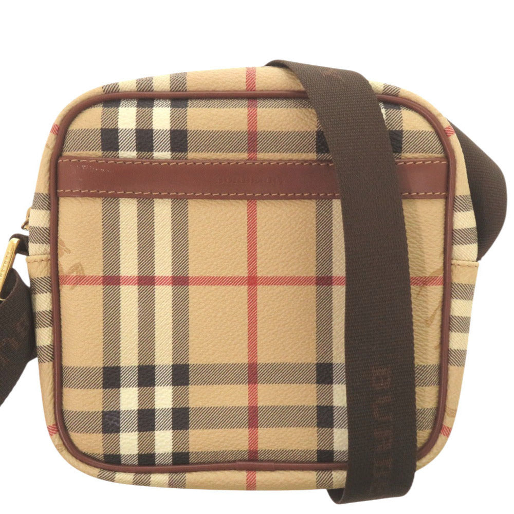美品 バーバリー ヘイマーケットチェック Haymarket T0401 ゴールド金具 レザー キャンバス ベージュ レッド ブラック ショルダーバッグ 0936【中古】BURBERRY