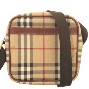 美品 バーバリー ヘイマーケットチェック Haymarket T0401 ゴールド金具 レザー キャンバス ベージュ レッド ブラック ショルダーバッグ 0936【中古】BURBERRY