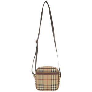 美品 バーバリー ヘイマーケットチェック Haymarket T0401 ゴールド金具 レザー キャンバス ベージュ レッド ブラック ショルダーバッグ 0936【中古】BURBERRY