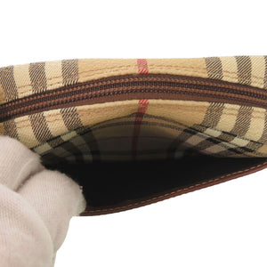 美品 バーバリー ヘイマーケットチェック Haymarket T0401 ゴールド金具 レザー キャンバス ベージュ レッド ブラック ショルダーバッグ 0936【中古】BURBERRY