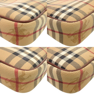 美品 バーバリー ヘイマーケットチェック Haymarket T0401 ゴールド金具 レザー キャンバス ベージュ レッド ブラック ショルダーバッグ 0936【中古】BURBERRY