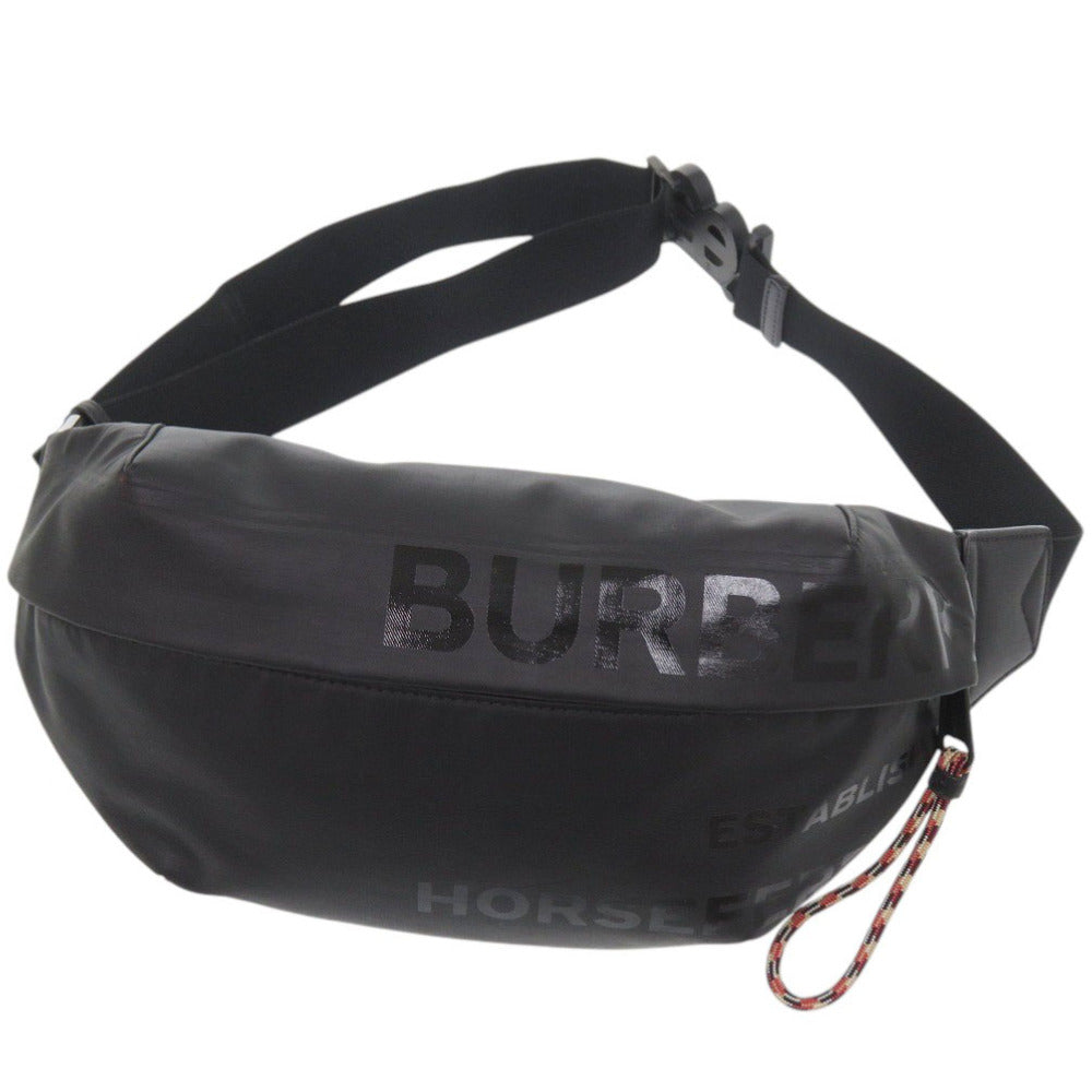 美品 バーバリー ホースフェリープリント ナイロン ブラック ウエストバッグ ボディバッグ 黒 0949【中古】BURBERRY