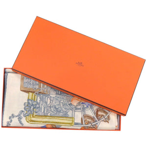 新品同様 エルメス カレ140 カレジェアン エルメスの世界 H244230S 11 カシミヤ シルク ホワイト スカーフ 1053【中古】HERMES
