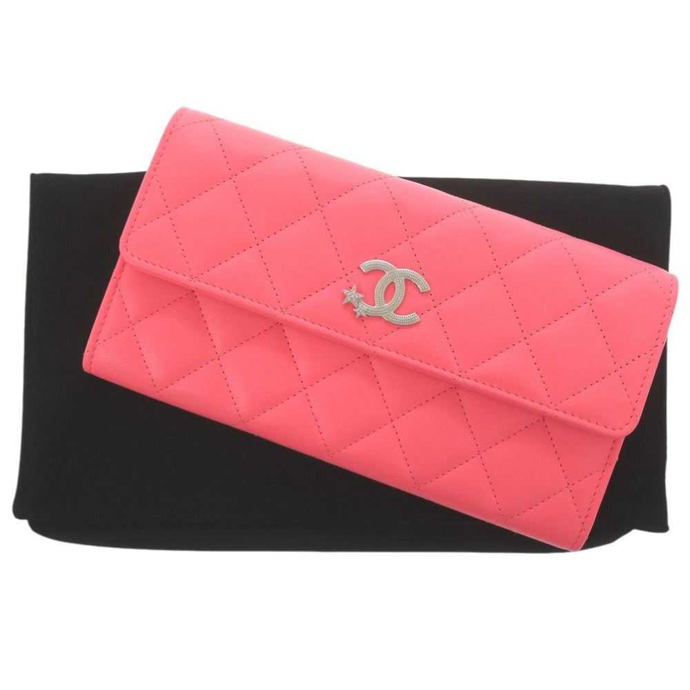 新品同様 シャネル スター ココマーク マトラッセ ラムスキン ピンク 長財布 1057【中古】CHANEL