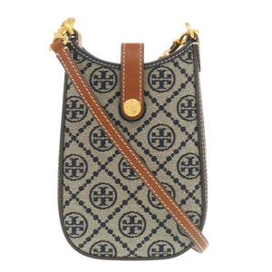 未使用 トリーバーチ Tモノグラム フォンケース 143500 キャンバス レザー ネイビー スマホ ショルダーバッグ 1109【中古】Tory Burch