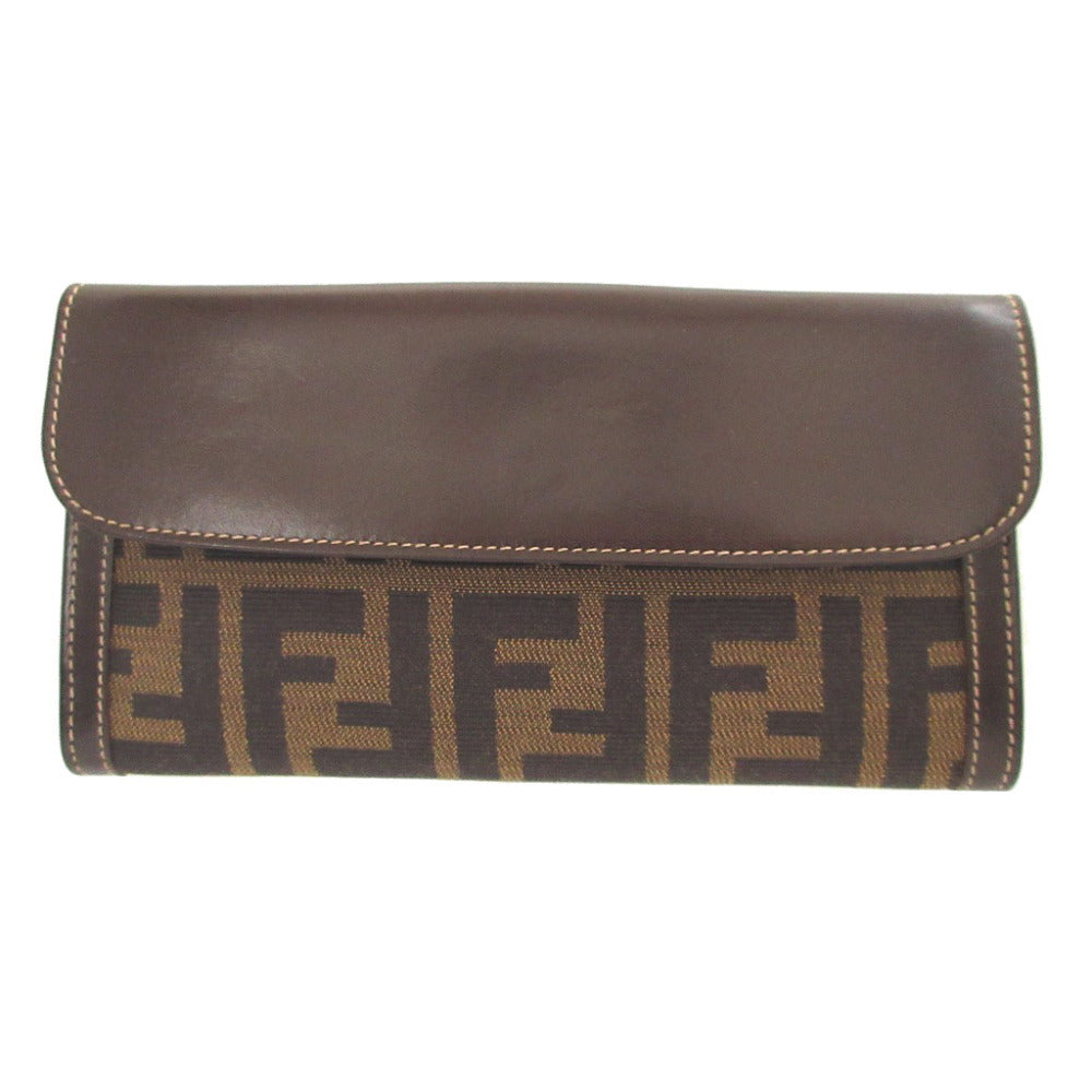 美品 フェンディ ズッカ柄 30806 キャンバス レザー ブラウン 茶 Wホック長財布 財布 1228【中古】FENDI