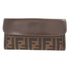 美品 フェンディ ズッカ柄 30806 キャンバス レザー ブラウン 茶 Wホック長財布 財布 1228【中古】FENDI