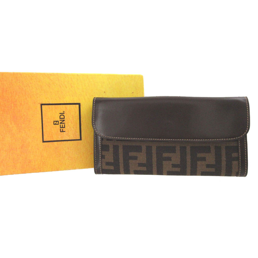 美品 フェンディ ズッカ柄 30806 キャンバス レザー ブラウン 茶 Wホック長財布 財布 1228【中古】FENDI