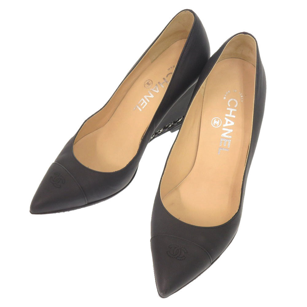 美品 シャネル ココマーク チェーン ウェッジソール サイズ35 1/2 レザー ブラック パンプス 黒 1235【中古】CHANEL