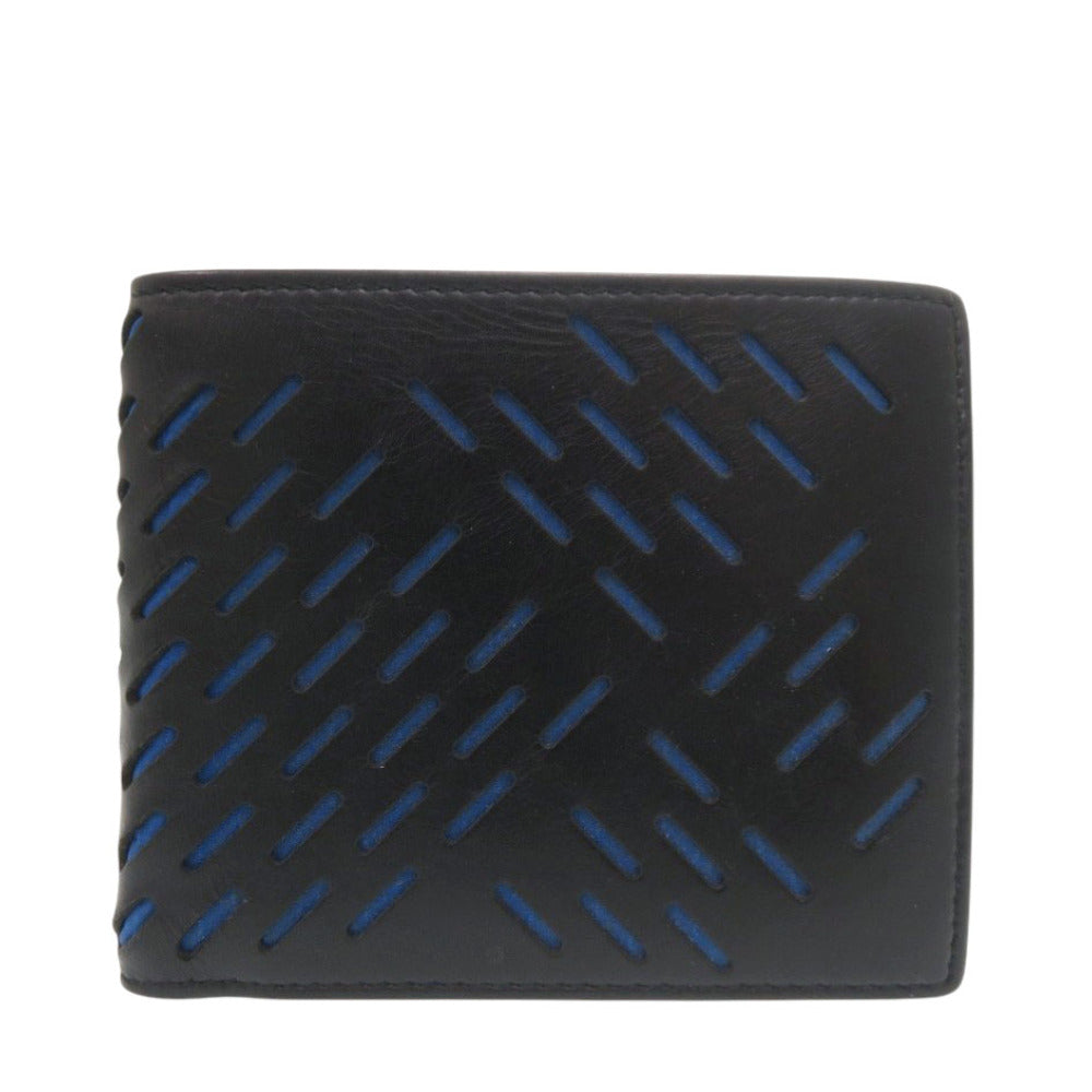 美品 ボッテガヴェネタ パンチング レザー ブラック ブルー 二つ折り財布 黒 1293【中古】BOTTEGAVENETA