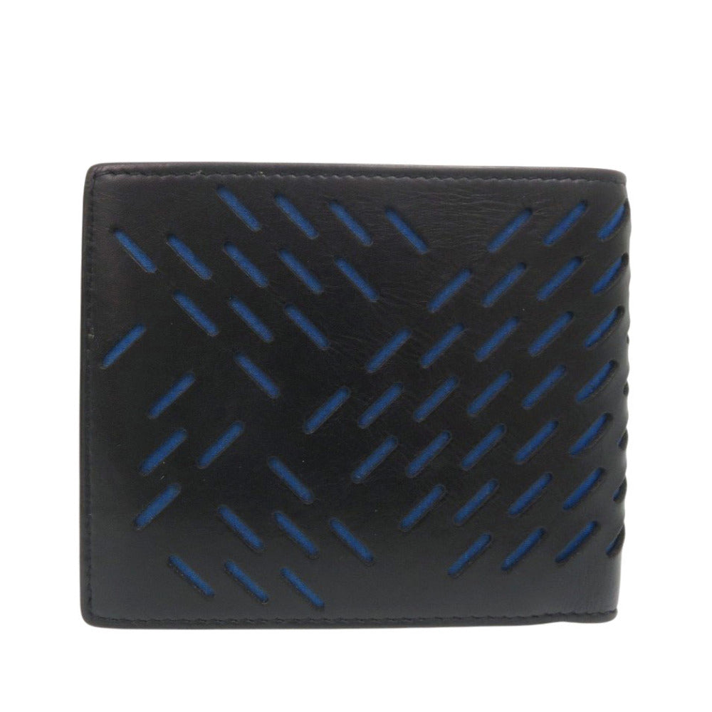 美品 ボッテガヴェネタ パンチング レザー ブラック ブルー 二つ折り財布 黒 1293【中古】BOTTEGAVENETA
