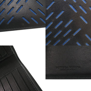 美品 ボッテガヴェネタ パンチング レザー ブラック ブルー 二つ折り財布 黒 1293【中古】BOTTEGAVENETA