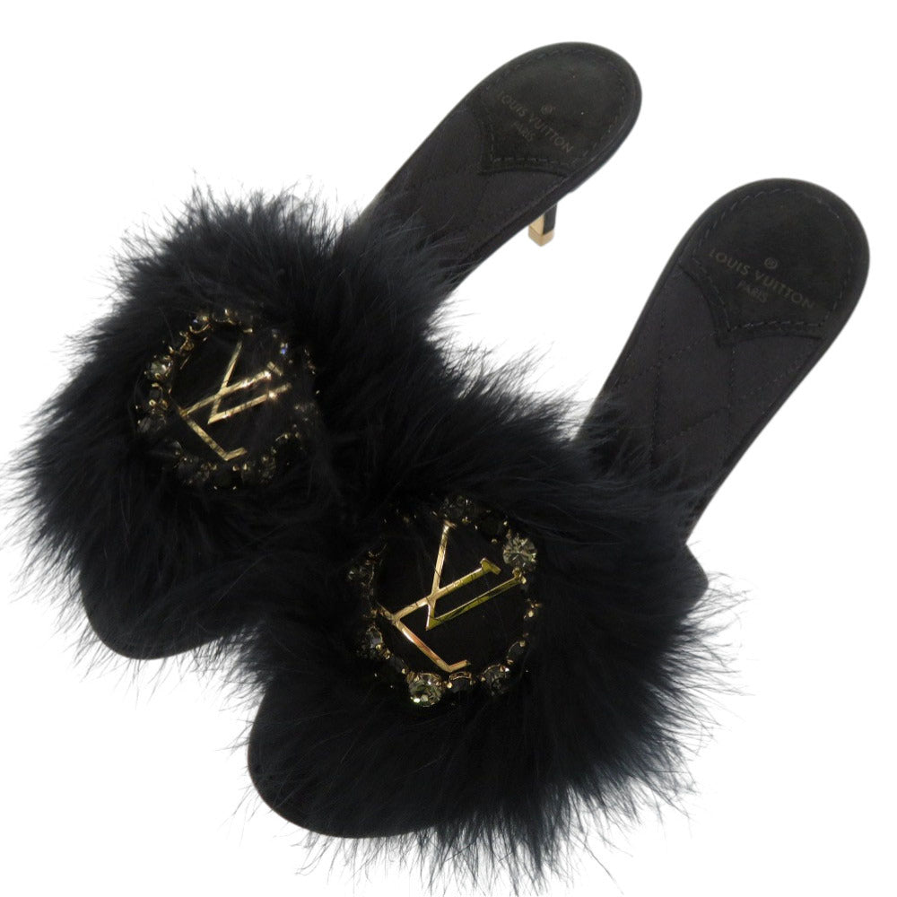 新品同様 ルイ ヴィトン ファー クリスタル LVロゴ マリリン キトンヒール MA0168 サイズ37 (日本サイズ24cm) ゴールド金具 サテン ブラック ミュール LV 1299【中古】LOUIS VUITTON