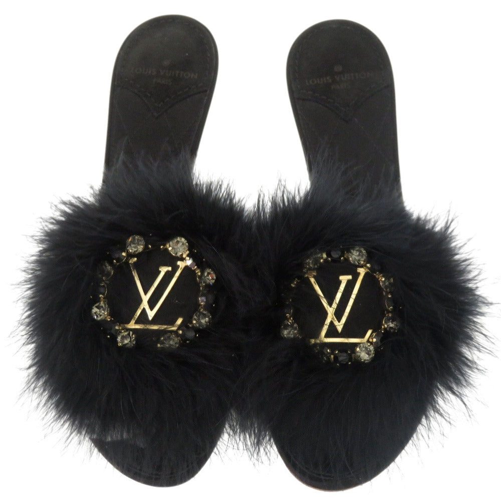 新品同様 ルイ ヴィトン ファー クリスタル LVロゴ マリリン キトンヒール MA0168 サイズ37 (日本サイズ24cm) ゴールド金具 サテン ブラック ミュール LV 1299【中古】LOUIS VUITTON
