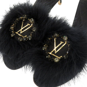 新品同様 ルイ ヴィトン ファー クリスタル LVロゴ マリリン キトンヒール MA0168 サイズ37 (日本サイズ24cm) ゴールド金具 サテン ブラック ミュール LV 1299【中古】LOUIS VUITTON