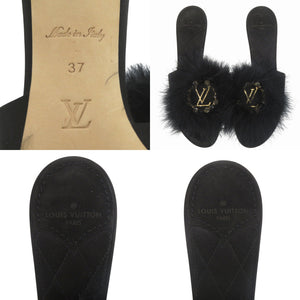 新品同様 ルイ ヴィトン ファー クリスタル LVロゴ マリリン キトンヒール MA0168 サイズ37 (日本サイズ24cm) ゴールド金具 サテン ブラック ミュール LV 1299【中古】LOUIS VUITTON
