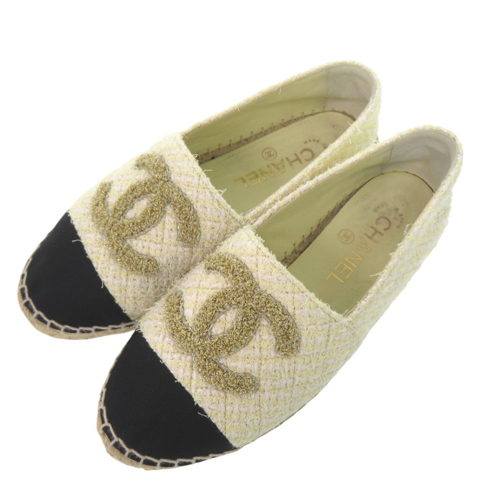 美品 シャネル ココマーク マトラッセ エスパドリーユ G39028 サイズ36 ツイード コットン ライトイエロー ゴールド ブラック 靴 1364【中古】CHANEL