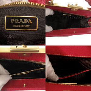 美品 プラダ がま口 BR3534 ピッグスキン レッド ゴールド金具 ハンドバッグ 赤 1366【中古】PRADA