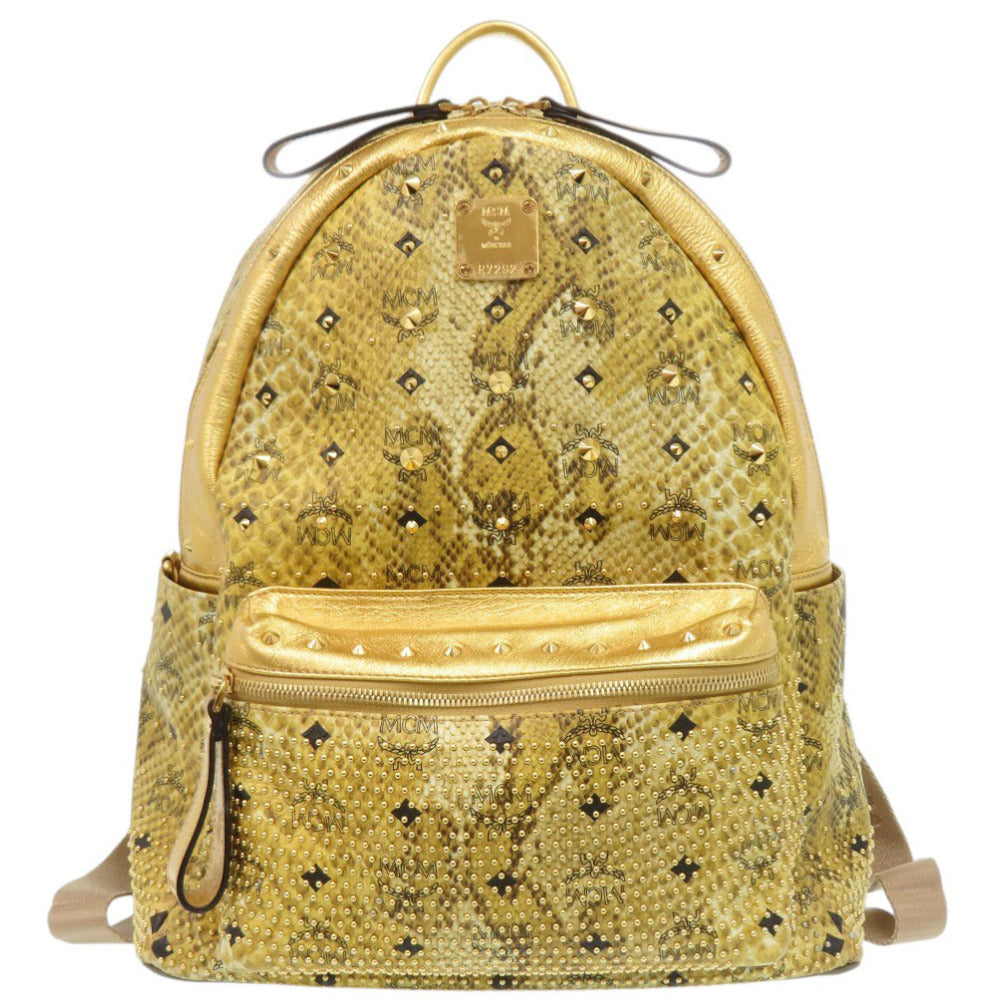 美品 エム シー エム スタッズ 型押しレザー ゴールド リュック デイパック 1449【中古】MCM