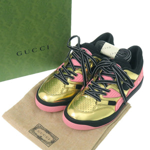 未使用品 グッチ バスケット ローカットスニーカー BASKET LOW 725905 サイズ35 (日本サイズ22cm) レザー ラバー ゴールド ピンク ブラック 靴 1540【中古】GUCCI