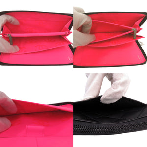 美品 シャネル カンボンライン オーガナイザー ココマーク ラウンドジップラージウォレット シルバー金具 パテントレザー ブラック ネオンピンク ９番台 黒 長財布 1547【中古】CHANEL