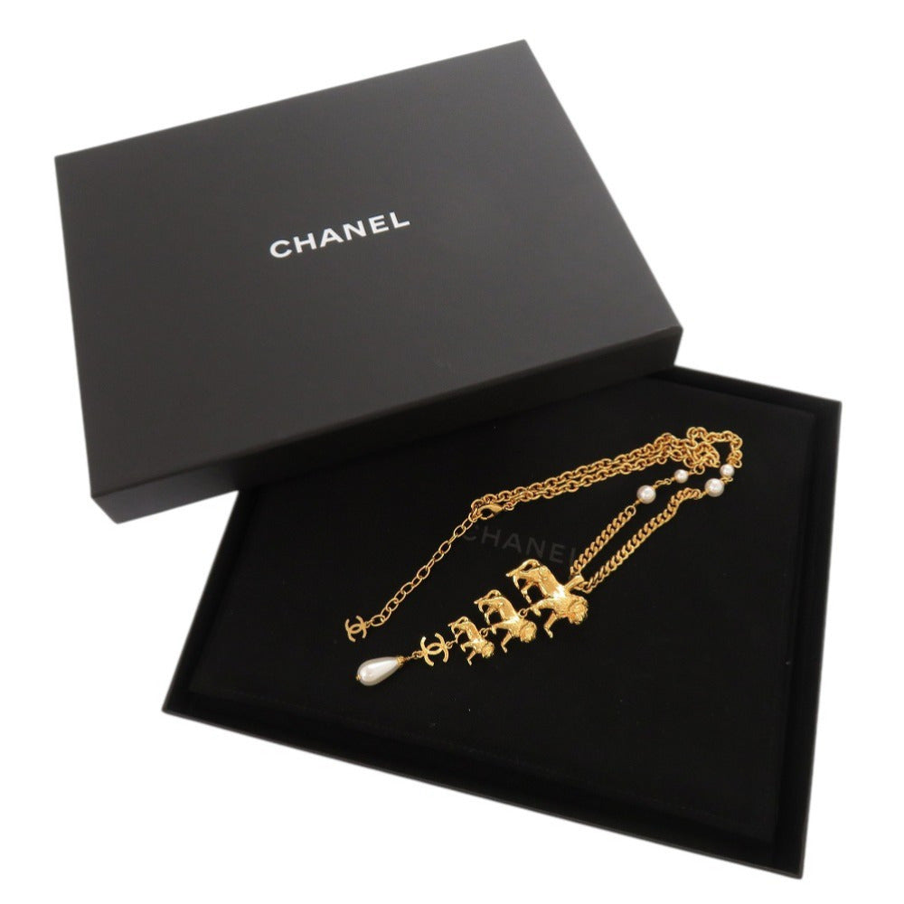 美品 シャネル ココマーク ライオン メタル フェイクパール ゴールド ネックレス 1577【中古】CHANEL