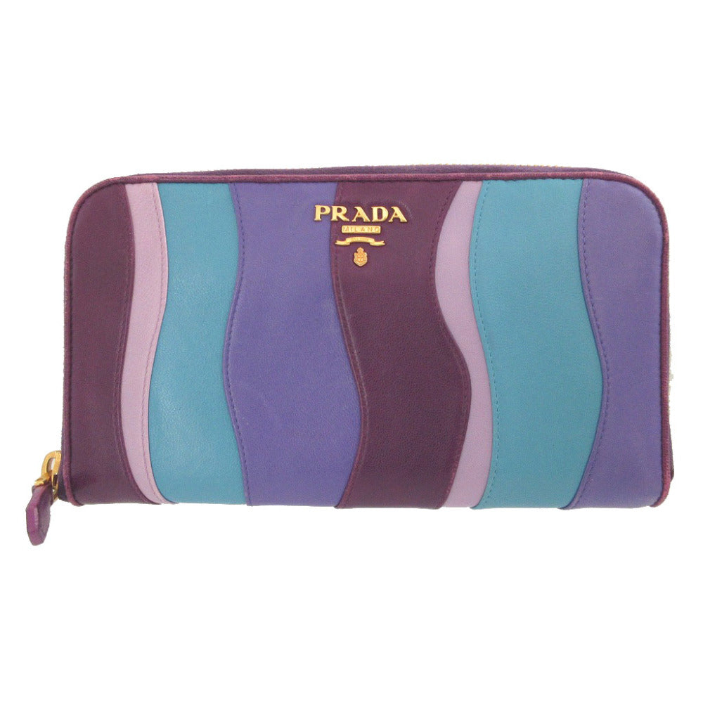 プラダ ストライプ レザー パープル 紫 ラウンドファスナー長財布 財布 1640【中古】PRADA