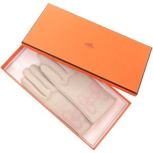 未使用品 エルメス グローブ H シェーヌダンクル ラムスキン シルク パールグレー 灰 手袋 グローブ 1686【中古】HERMES