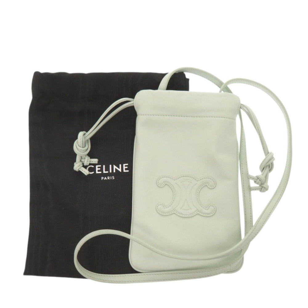 美品 セリーヌ トリオンフ ドローストリング フォンポーチ レザー ライトグリーン ショルダーバッグ 緑 1701【中古】CELINE