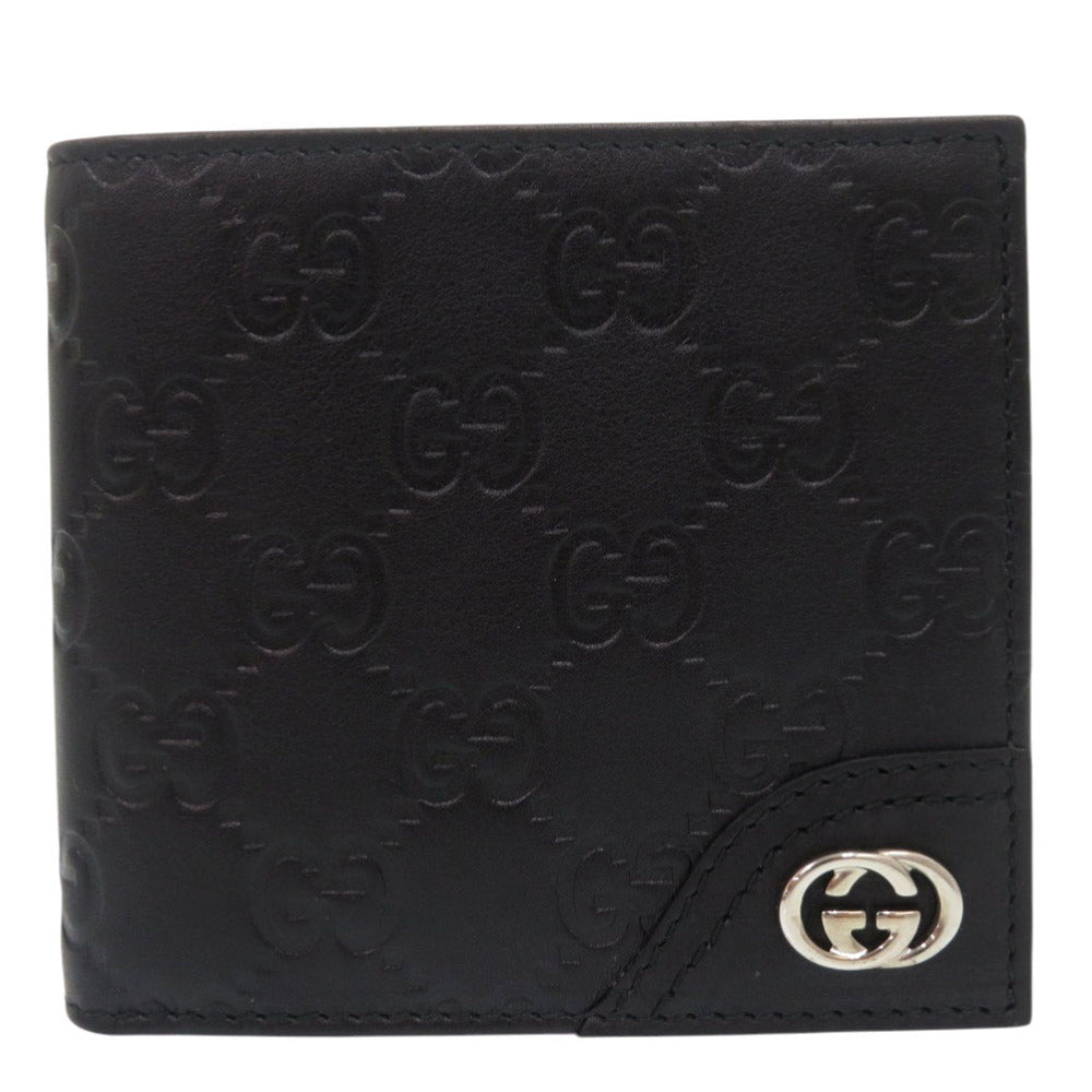 未使用品 グッチ グッチシマ 181671 2184 シルバー金具 レザー ブラック 二つ折り財布 1712【中古】GUCCI
