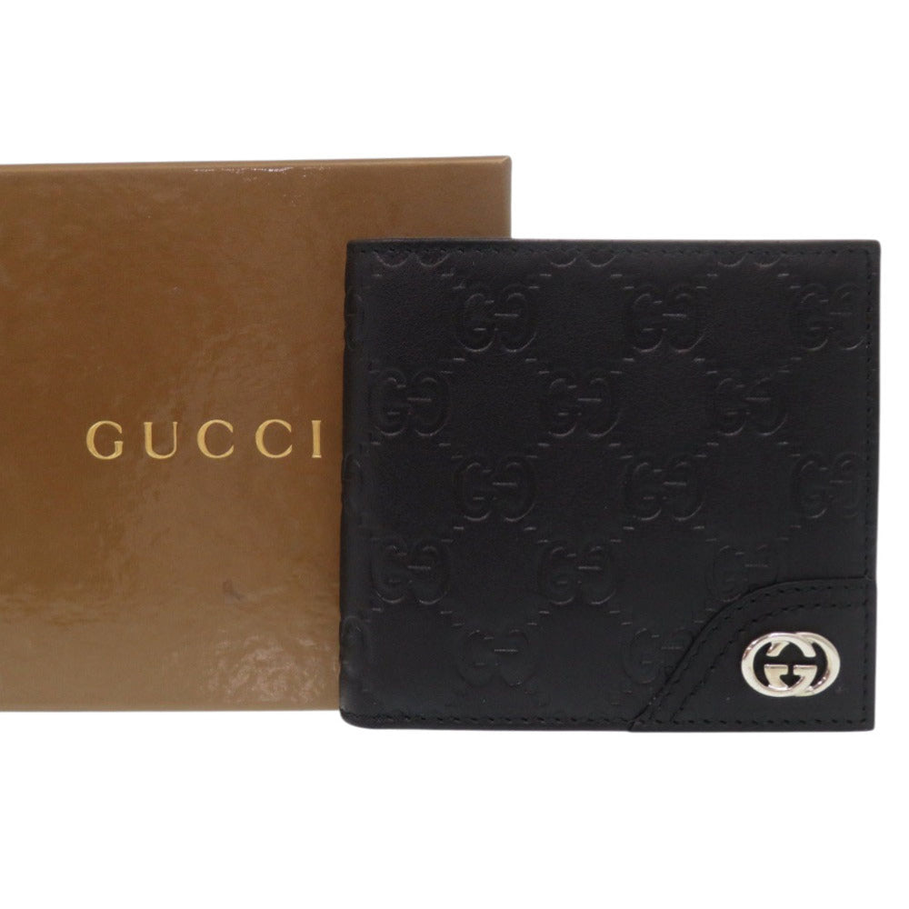 未使用品 グッチ グッチシマ 181671 2184 シルバー金具 レザー ブラック 二つ折り財布 1712【中古】GUCCI