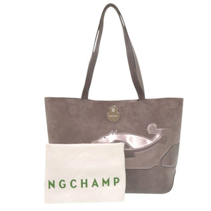 美品 ロンシャン ショップイット SHOP IT ミディアム シルバー金具 スエード グレー トートバッグ 0003【中古】Longchamp