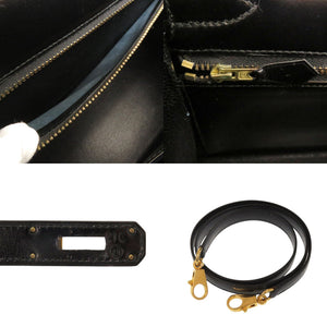 美品 エルメス ケリー28 外縫い ボックスカーフ ブラック ゴールド金具 〇U刻印 ハンドバッグ 黒 0147【中古】HERMES