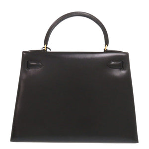 美品 エルメス ケリー28 外縫い ボックスカーフ ブラック ゴールド金具 〇U刻印 ハンドバッグ 黒 0147【中古】HERMES