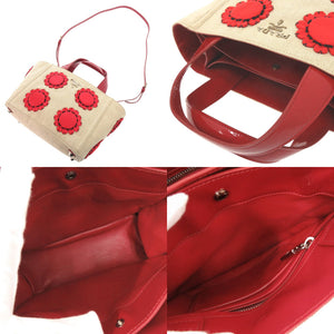 美品 プラダ ロゴ フラワーモチーフ キャンバス パテントレザー ナチュラル レッド 2WAY ハンドバッグ ショルダーバッグ 0187【中古】PRADA