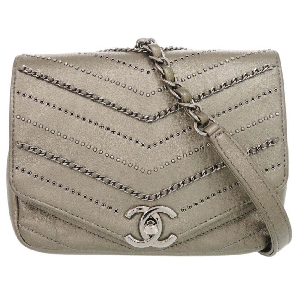 美品 シャネル シェブロン ココマーク レザー グレー 26番台 チェーンショルダーバッグ 0243【中古】CHANEL