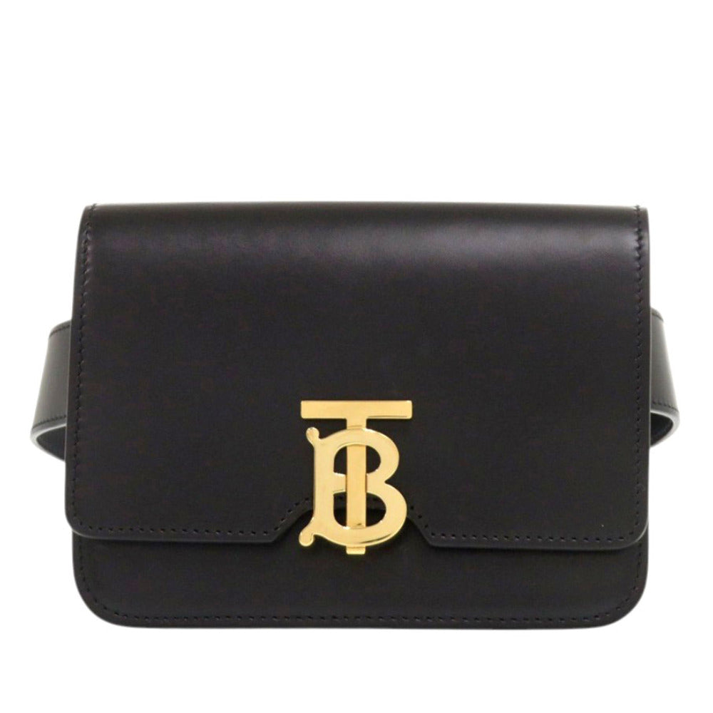 美品 バーバリー TBロゴ ベルトバッグ レザー ブラック ウエストバッグ 黒 0335【中古】BURBERRY