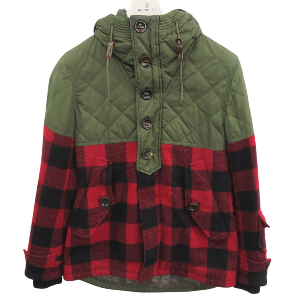 モンクレール ALTIER GIUBBOTTO チェック柄 サイズ1 ダウン フェザー カーキ レッド ダウンジャケット 0385【中古】MONCLER メンズ