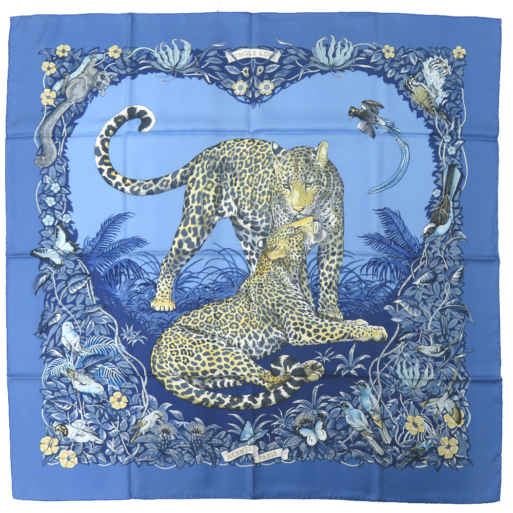 新品同様 エルメス カレ90 ジャングル ラブ Jungle Love シルク ブルー 青 スカーフ 0390【中古】HERMES