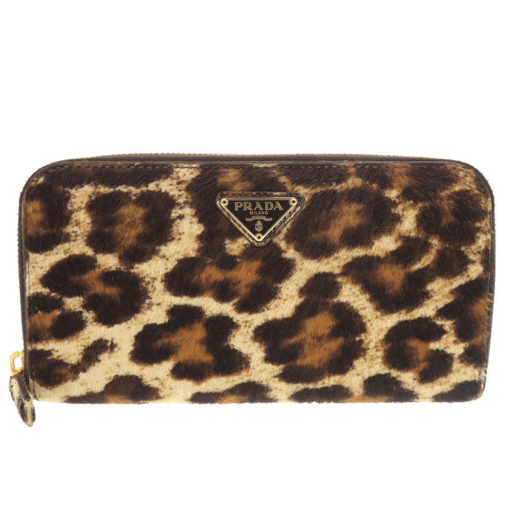 美品 プラダ トライアングルロゴ レオパード柄 ハラコ ラウンドファスナー 長財布 0398【中古】PRADA