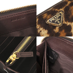 美品 プラダ トライアングルロゴ レオパード柄 ハラコ ラウンドファスナー 長財布 0398【中古】PRADA
