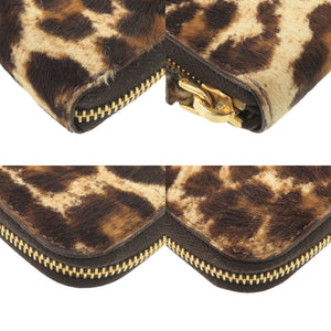 美品 プラダ トライアングルロゴ レオパード柄 ハラコ ラウンドファスナー 長財布 0398【中古】PRADA