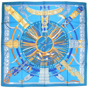 美品 エルメス カレ90 Ceintures et Liens セインチュール エ リアン シルク ブルー スカーフ 青 0477【中古】HERMES