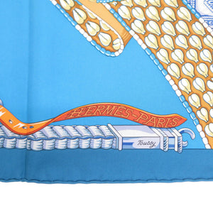美品 エルメス カレ90 Ceintures et Liens セインチュール エ リアン シルク ブルー スカーフ 青 0477【中古】HERMES